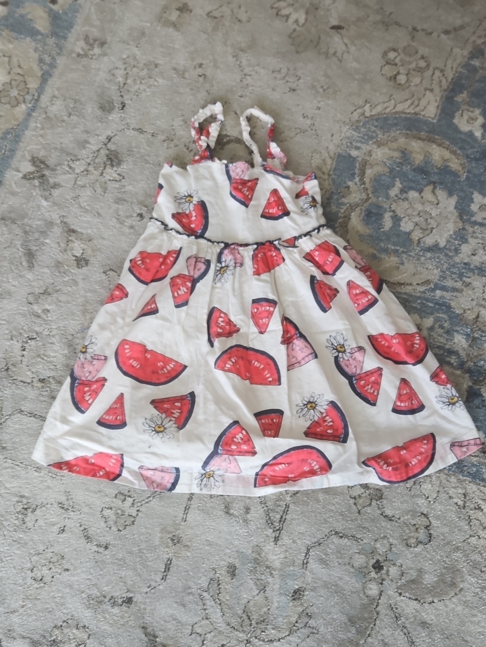 Pink Chicken White Dress with Red Watermelon Print